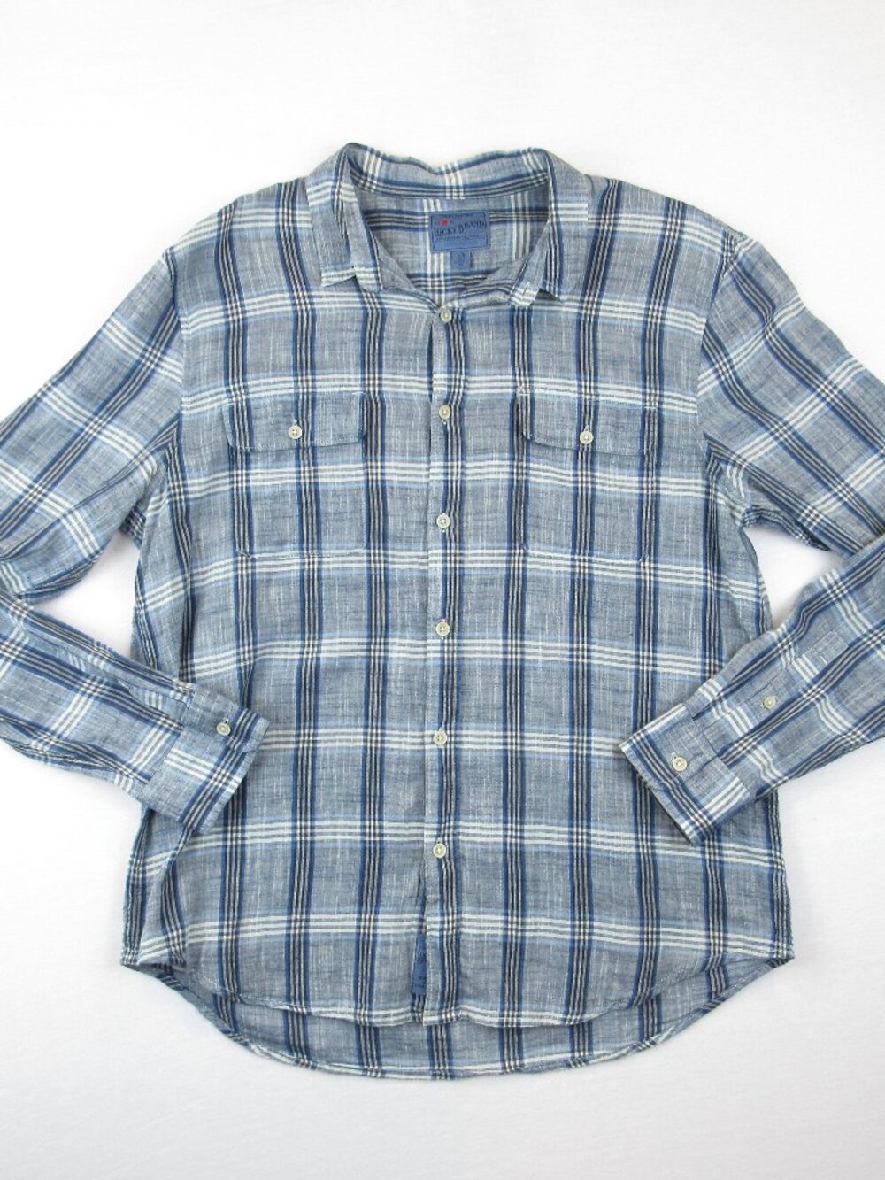 Lucky Brand Long Sleeve Shirt Men's Size L Blue True Indigo Plaid 100% Cotton